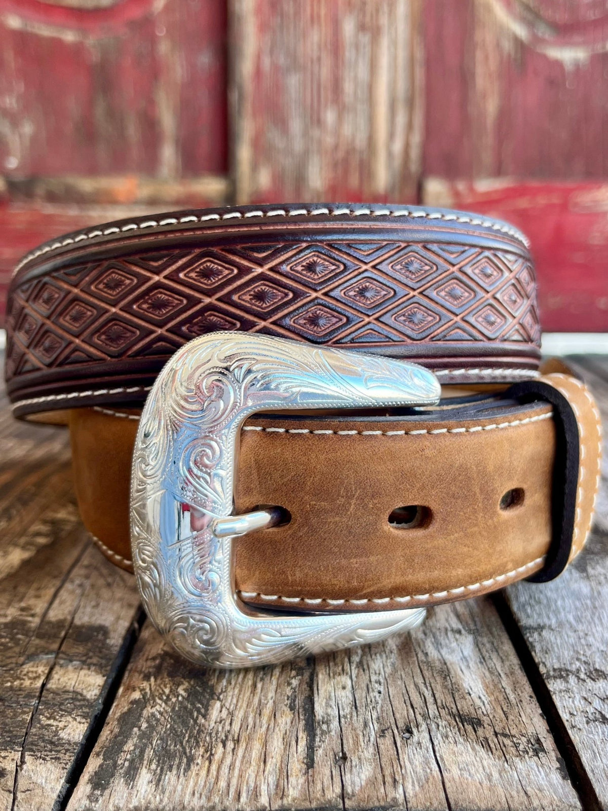 Men's Leegin Belt Company Belt Diamond Tool in brown, handcrafted with intricate diamond tooling, enhanced with a durable silver-toned buckle - C14185. Available at Blair's Western Wear, Marble Falls, TX.