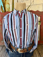 Men's light blue long sleeve Western snap shirt with wine, black, and white vertical stripes, small playing-card suit motifs, pointed collar, and two snap-flap chest pockets — Blair's Western Wear Marble Falls TX