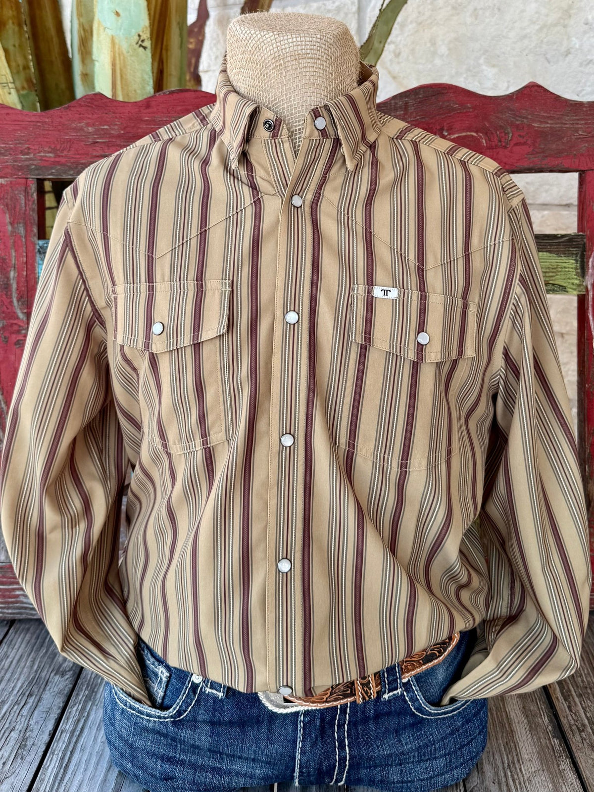 Men’s Ferrell Brand western shirt in olive and brown stripe, with pearl snap front and double flap pockets – FPL1002588. Available at Blair’s Western Wear, Marble Falls, TX.