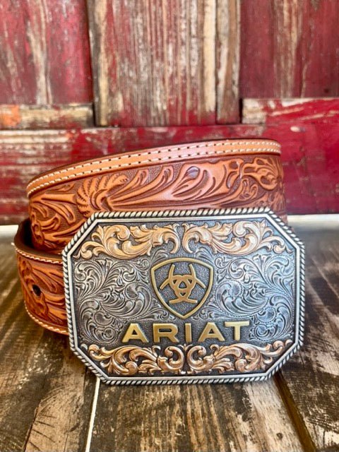 Men's Floral Embossed Tapered Leather Belt