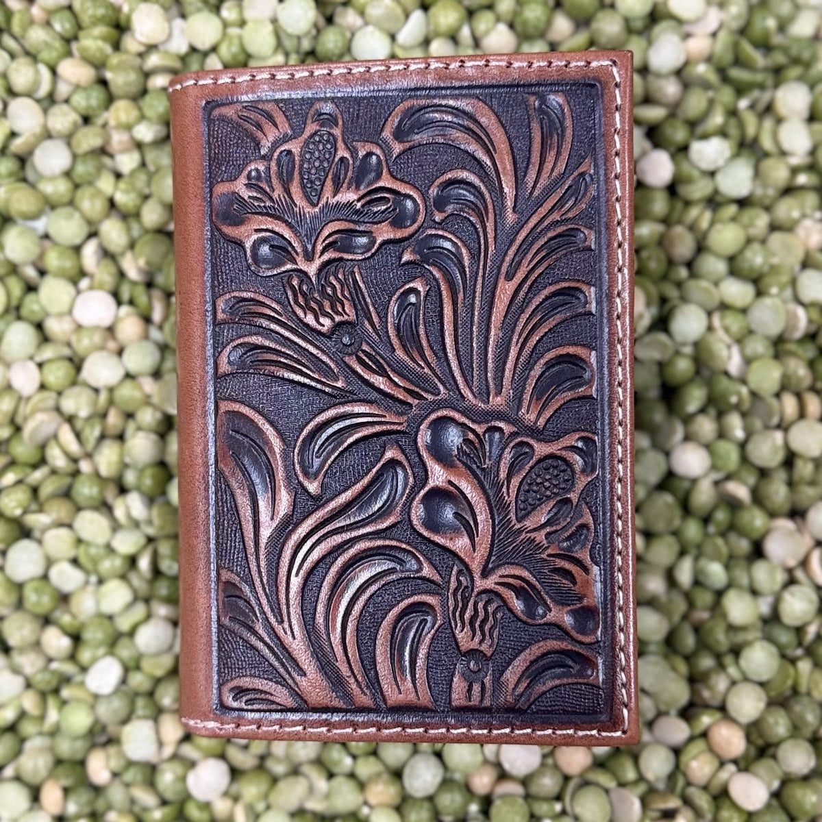 Men's Floral Tooled Leather Trifold Wallet