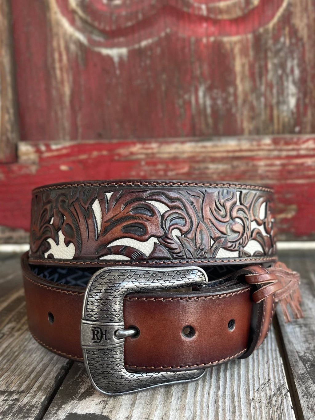 Men's Floral Tooled Overlay Belt