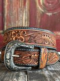 Men's Floral Tooled Two-Tone Leather Belt