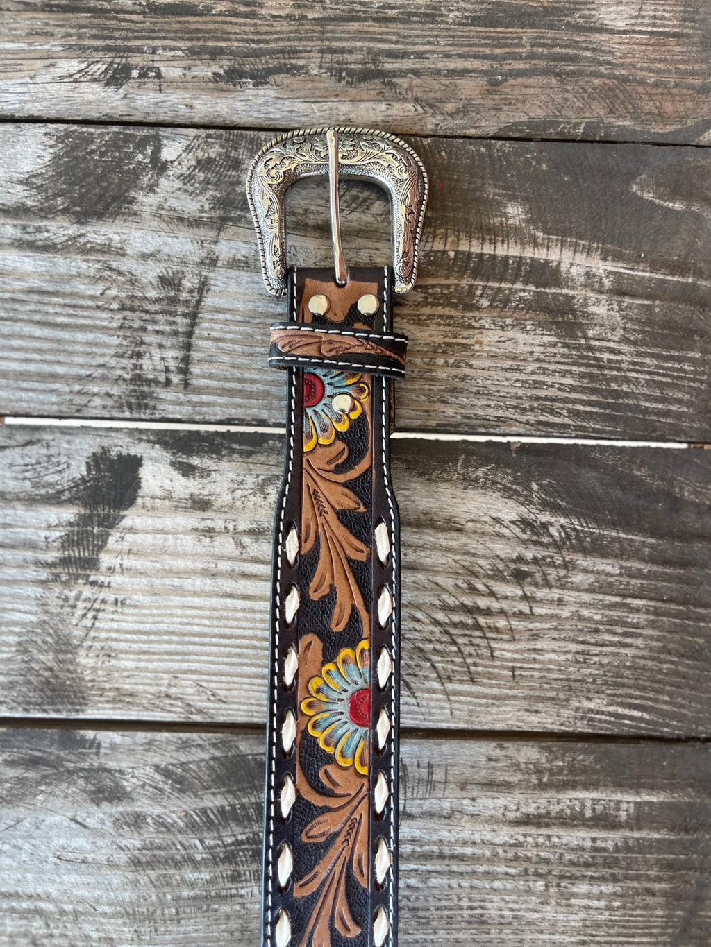 Men's Floral Tooled Whipstitch Belt