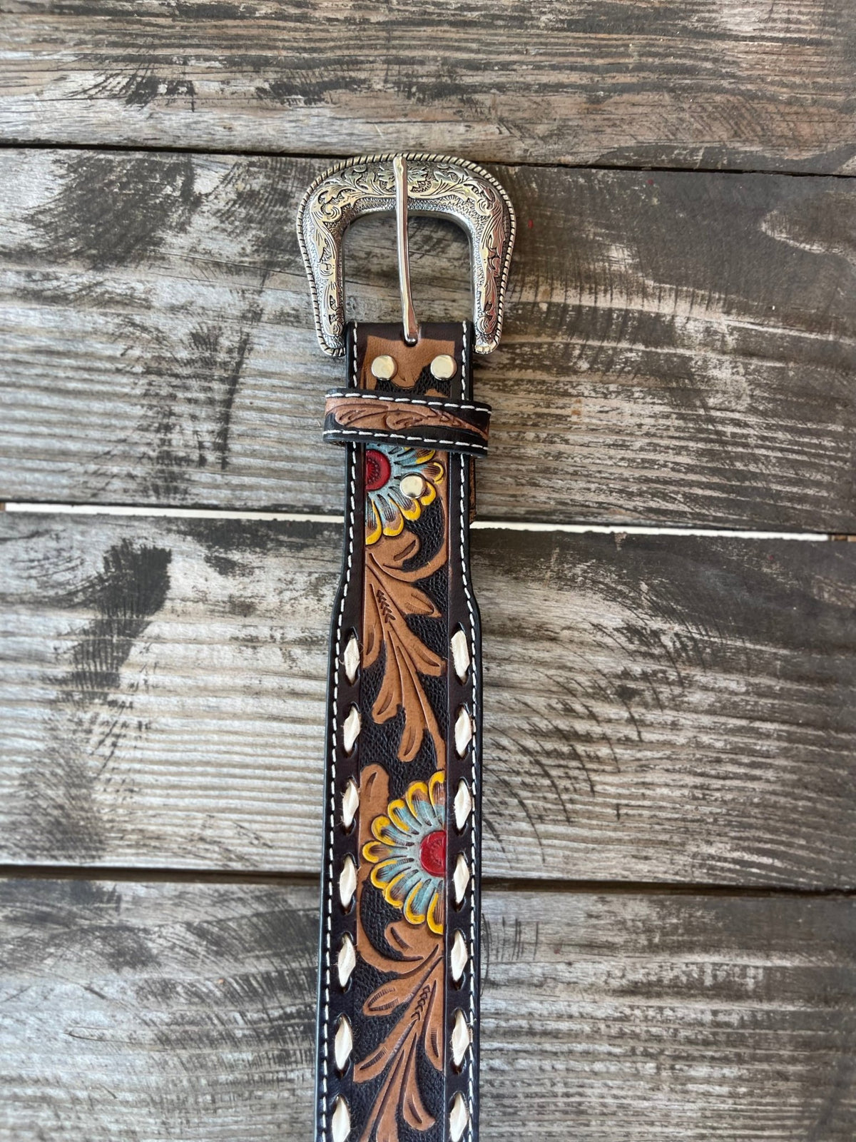 Men's Floral Tooled Whipstitch Belt