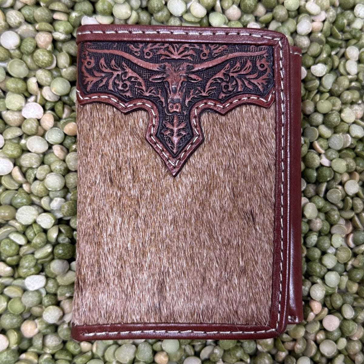 Men's Hair-On-Hide Longhorn Tooled Trifold Wallet
