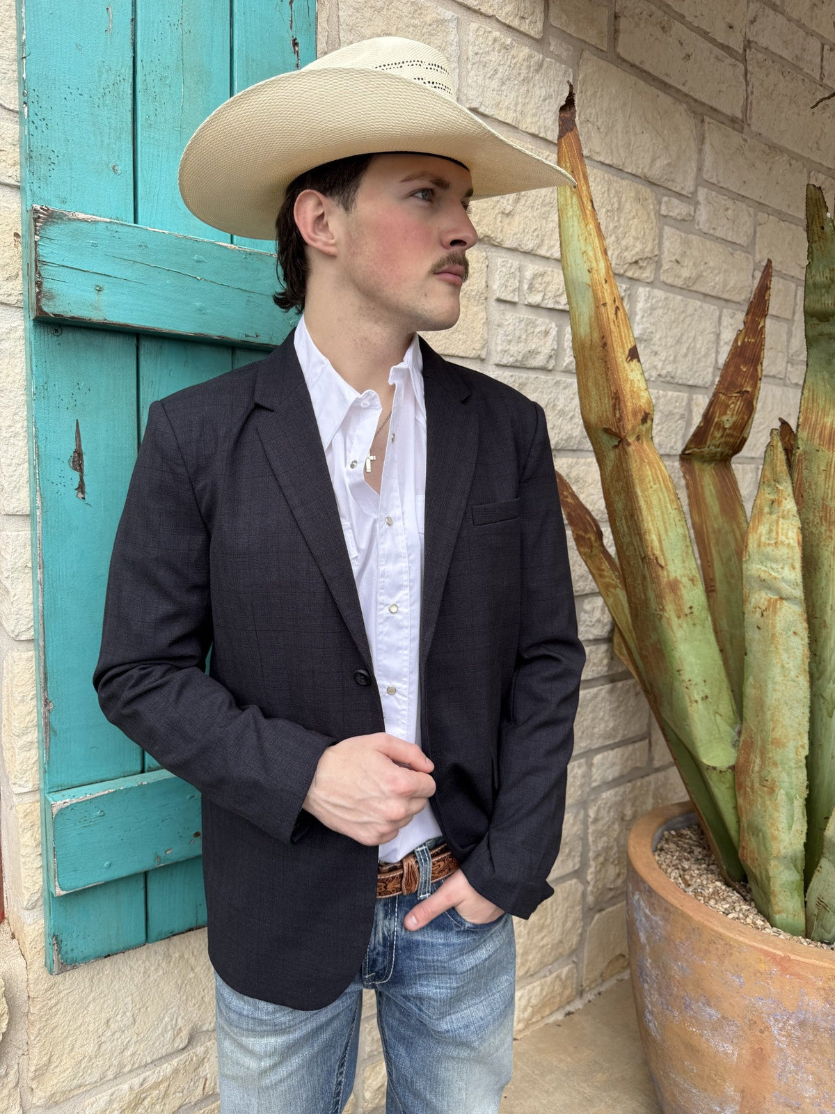 Heather black plaid men's western sport coat with stretch-blend fabric and front pocket flaps — Blair's Western Wear Marble Falls TX