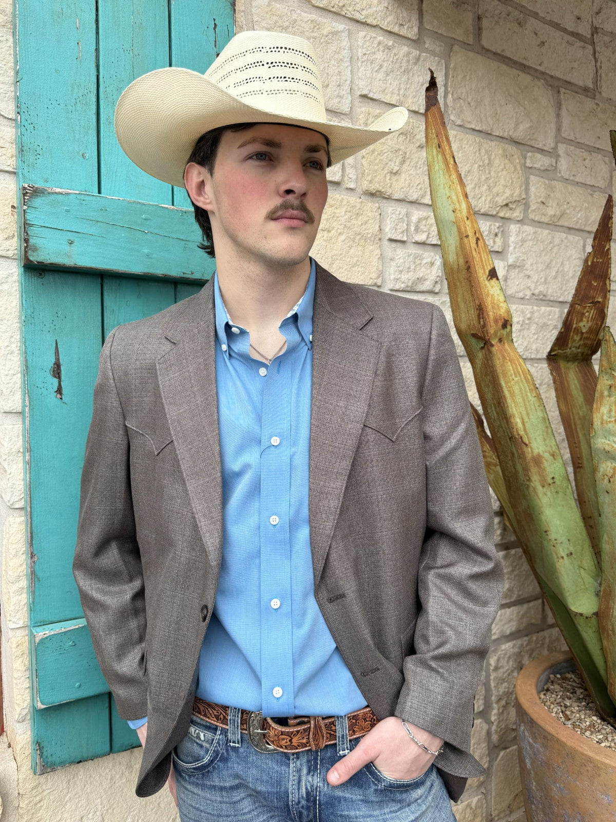 Heathered brown men's western sport coat with western yokes and front pocket flaps — Blair's Western Wear Marble Falls TX