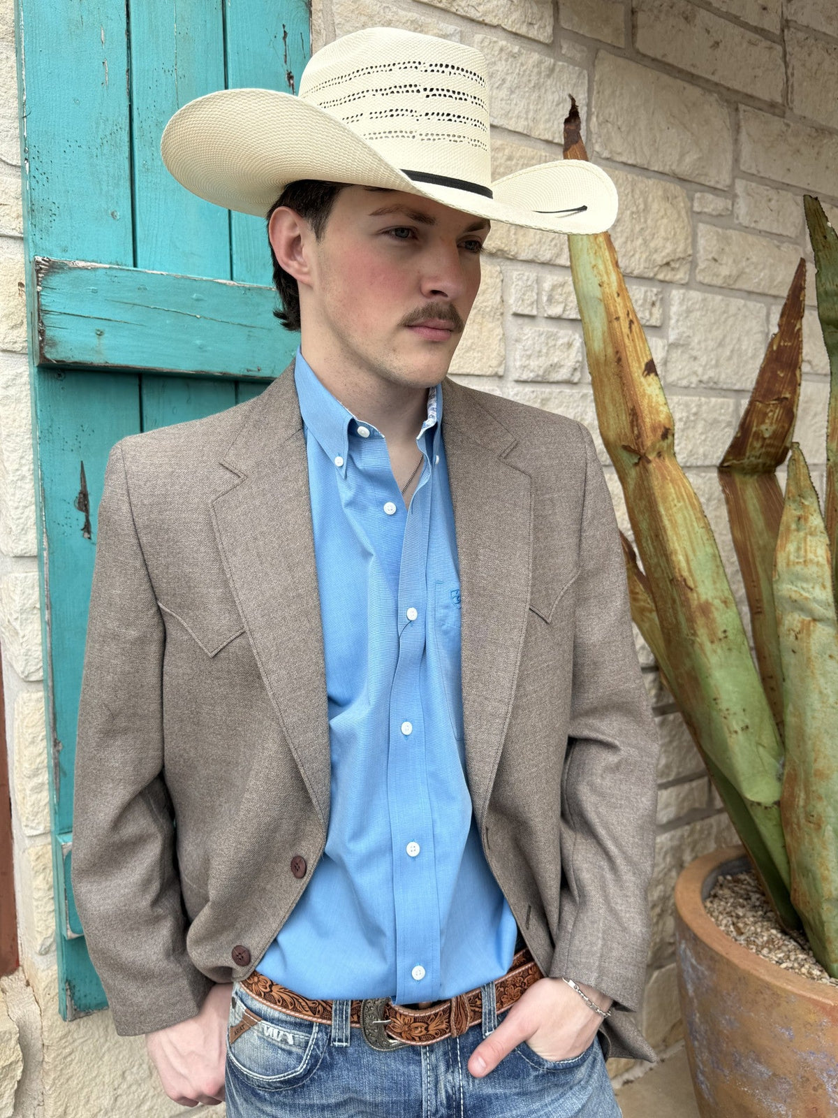 Heathered brown men's western sport coat with wool-blend body, western yokes, front pocket flaps, and vented back — Blair's Western Wear Marble Falls TX