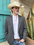 Heathered dark gray plaid men's western sport coat with western yokes and front pocket flaps — Blair's Western Wear Marble Falls TX