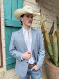 Heathered light blue men's western sport coat with structured silhouette, western yokes, front pocket flaps, and vented back — Blair's Western Wear Marble Falls TX