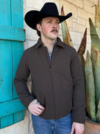 Men’s Roper canvas zip jacket in chocolate brown, made from durable canvas with full front zipper and elastic cuffs for wind protection – 3974096221. Available at Blair’s Western Wear, Marble Falls, TX.