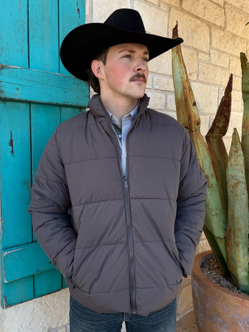 Men’s Roper quilted jacket in gray, built with lightweight insulated polyester for warmth, featuring zippered hand pockets and a soft brushed lining for comfort - 3976936648G. Available at Blair's Western Wear, Marble Falls, TX.