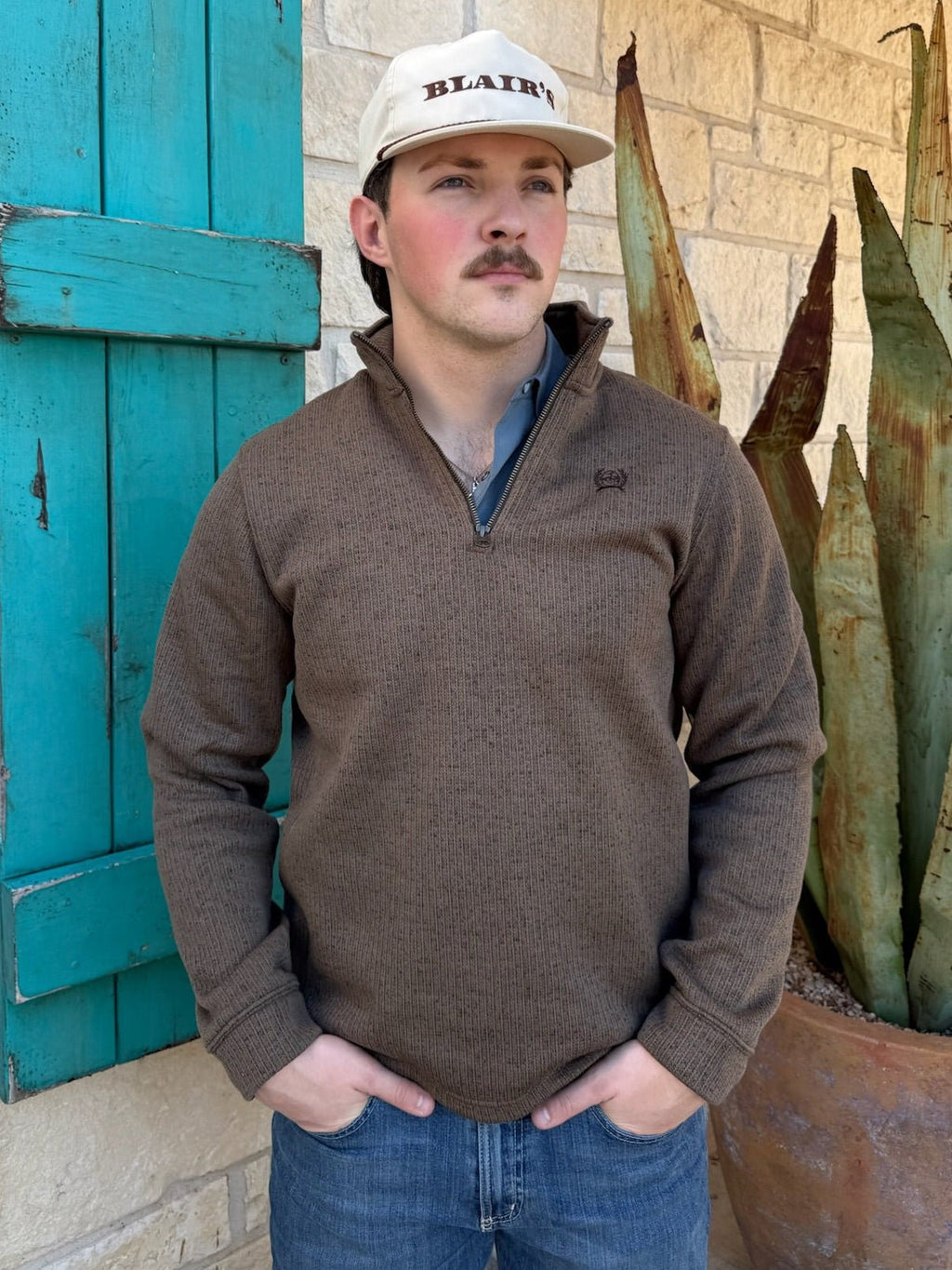 Men’s CINCH knit ¼ zip pullover in brown, made from soft rib-knit fabric, with stand-up collar and metal-finish zipper - MWK1080017. Available at Blair’s Western Wear, Marble Falls, TX.