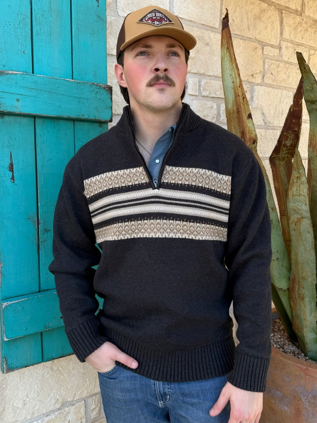 Men’s Cinch quarter zip sweater in black with tan and natural stripe chest pattern, made from soft cotton-acrylic knit, featuring ribbed cuffs and hem for a secure fit – MWK1560005. Available at Blair’s Western Wear, Marble Falls, TX.
