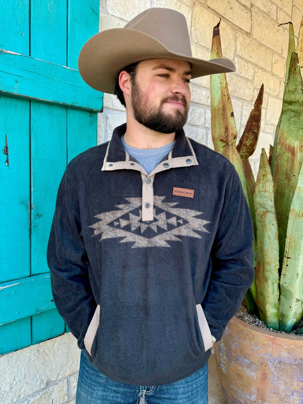 Men's Cinch Aztec Fleece Pullover in charcoal and tan, featuring comfortable poly-spandex blend and stylish Aztec design with snap placket collar - MWK1912001. Available at Blair's Western Wear, Marble Falls, TX.
