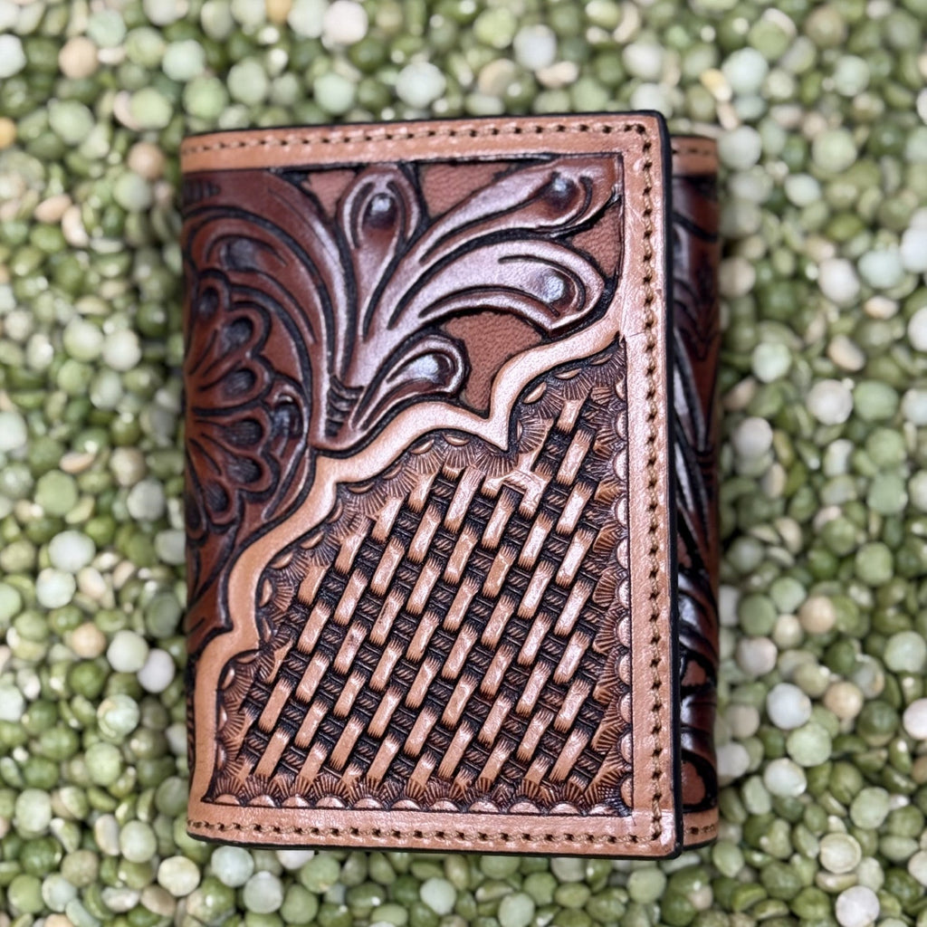 Men's Large Floral Scroll Tooled Leather Trifold Wallet