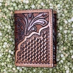 Men's Large Floral Scroll Tooled Leather Trifold Wallet