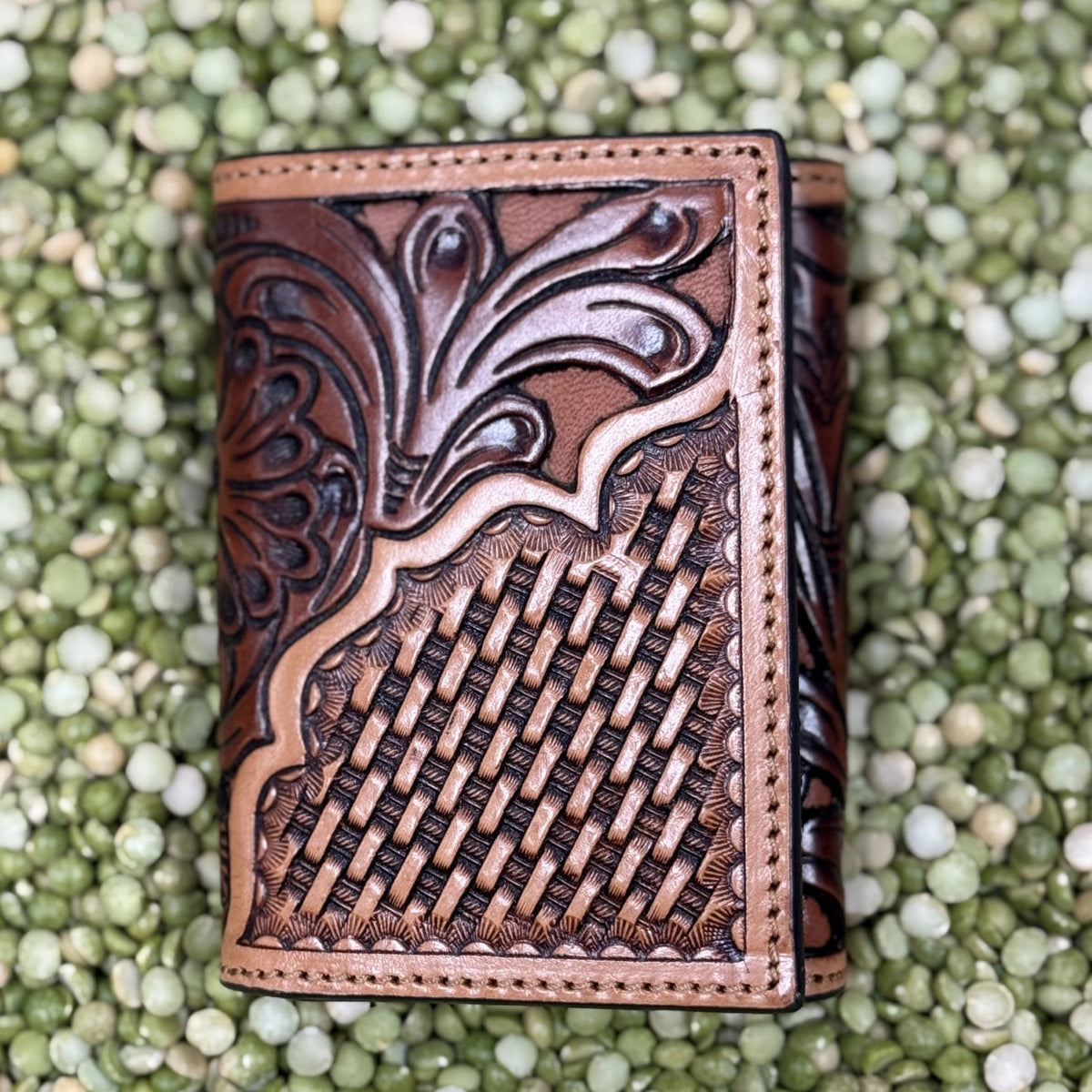 Men's Large Floral Scroll Tooled Leather Trifold Wallet