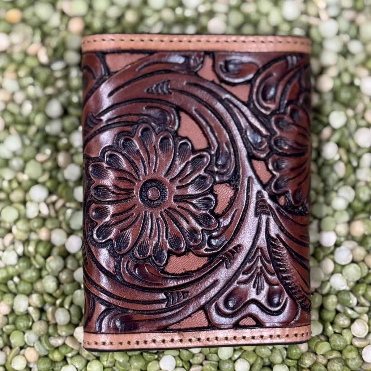 Men's Large Floral Scroll Tooled Leather Trifold Wallet