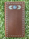 Men's Light Brown Leather Silver Pendant Rawhide Stitch Checkbook Wallet