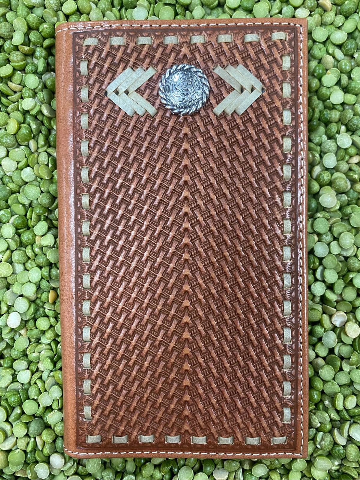 Men's Light Brown Leather Silver Pendant Rawhide Stitch Checkbook Wallet