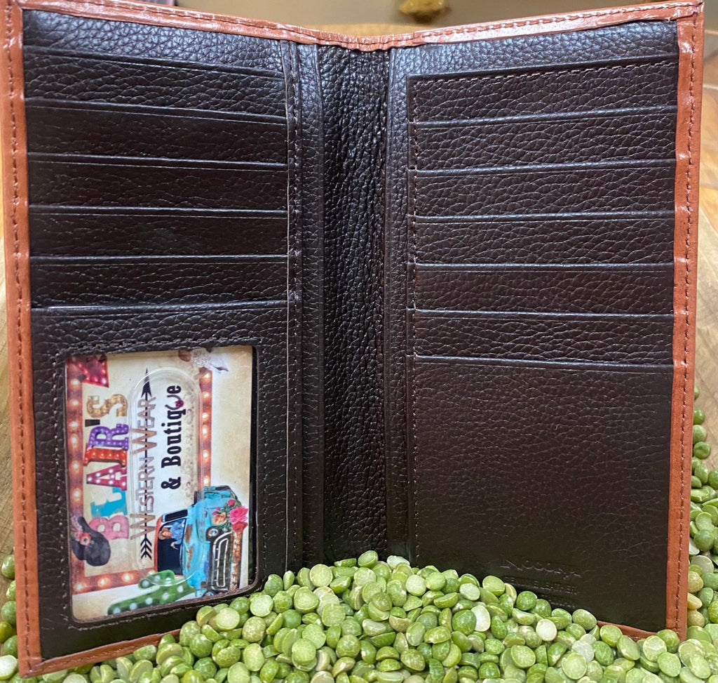 Men's Light Brown Leather Silver Pendant Rawhide Stitch Checkbook Wallet