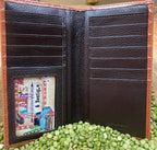 Men's Light Brown Leather Silver Pendant Rawhide Stitch Checkbook Wallet