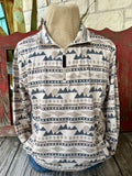 Men's natural and tan long-sleeve quarter-zip pullover with charcoal mountain motifs, Aztec-inspired geometric bands, stand collar and straight hem — Blair's Western Wear Marble Falls TX