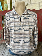 Men's natural and tan long-sleeve quarter-zip pullover with charcoal mountain motifs, Aztec-inspired geometric bands, stand collar and straight hem — Blair's Western Wear Marble Falls TX