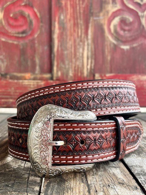 Men's Natural Tooled Double Stitch Leather Belt