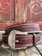 Men's Natural Tooled Double Stitch Leather Belt