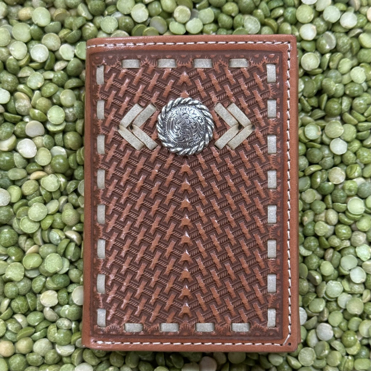 Men's Natural Tooled Leather Silver Concho Trifold Wallet