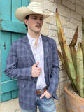 Navy and blue plaid men's western sport coat with stretch-blend fabric, front pocket flaps, and clean tailored shape — Blair's Western Wear Marble Falls TX