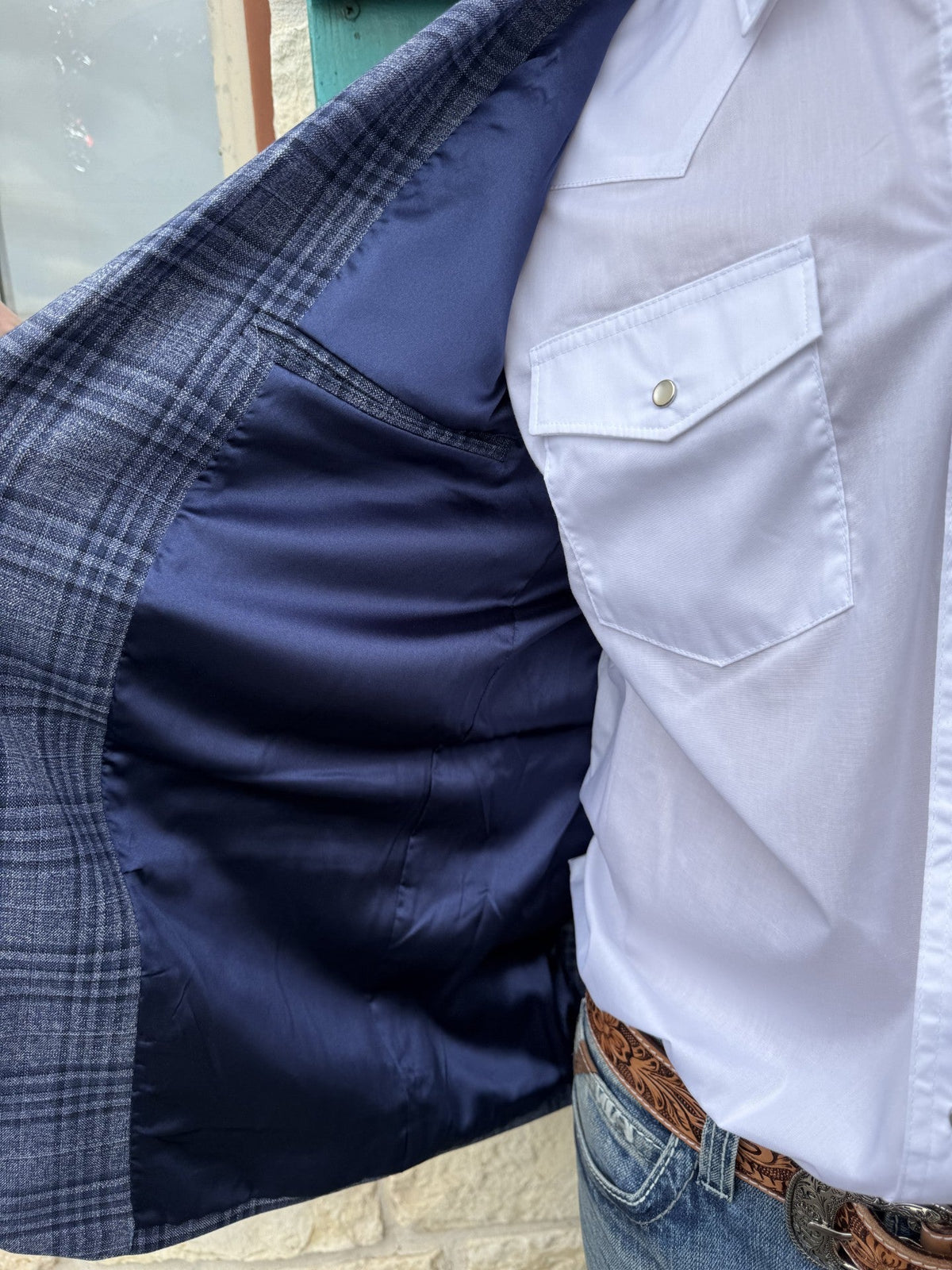 Men's Navy Blue Plaid Western Sport Coat