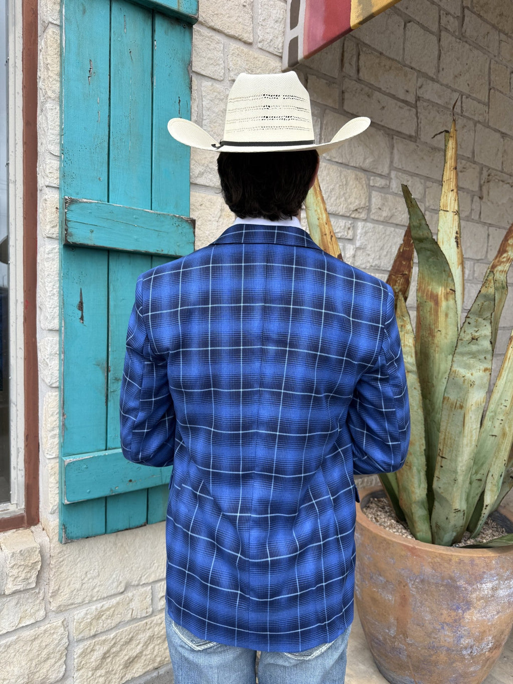 Men's Navy Royal Blue Plaid Western Sport Coat