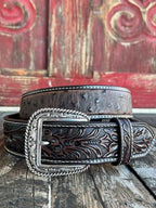 Men's Ostrich Print Tooled Leather Belt