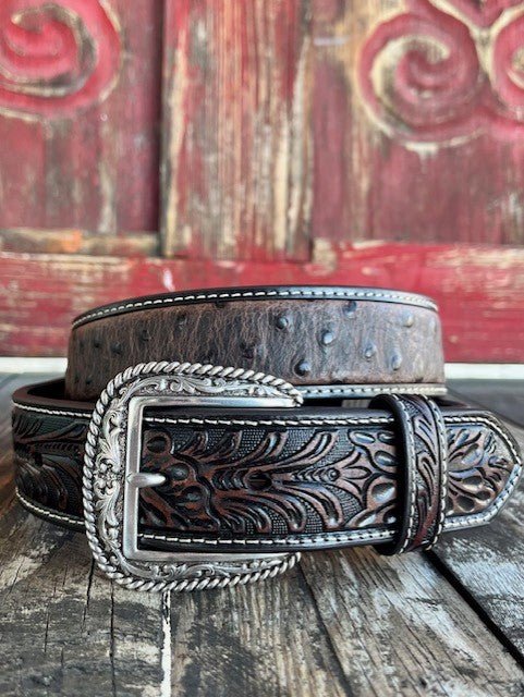 Men's Ostrich Print Tooled Leather Belt
