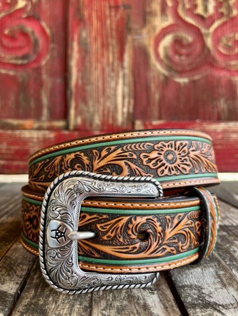 Men's Painted Edge Two-Tone Tooled Leather Belt