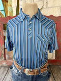 Men's blue short-sleeve pullover shirt with narrow tan and white vertical stripes, pointed collar, partial snap placket, angled Western yokes and a snap-flap chest pocket — Blair's Western Wear Marble Falls TX