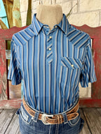 Men's blue short-sleeve pullover shirt with narrow tan and white vertical stripes, pointed collar, partial snap placket, angled Western yokes and a snap-flap chest pocket — Blair's Western Wear Marble Falls TX