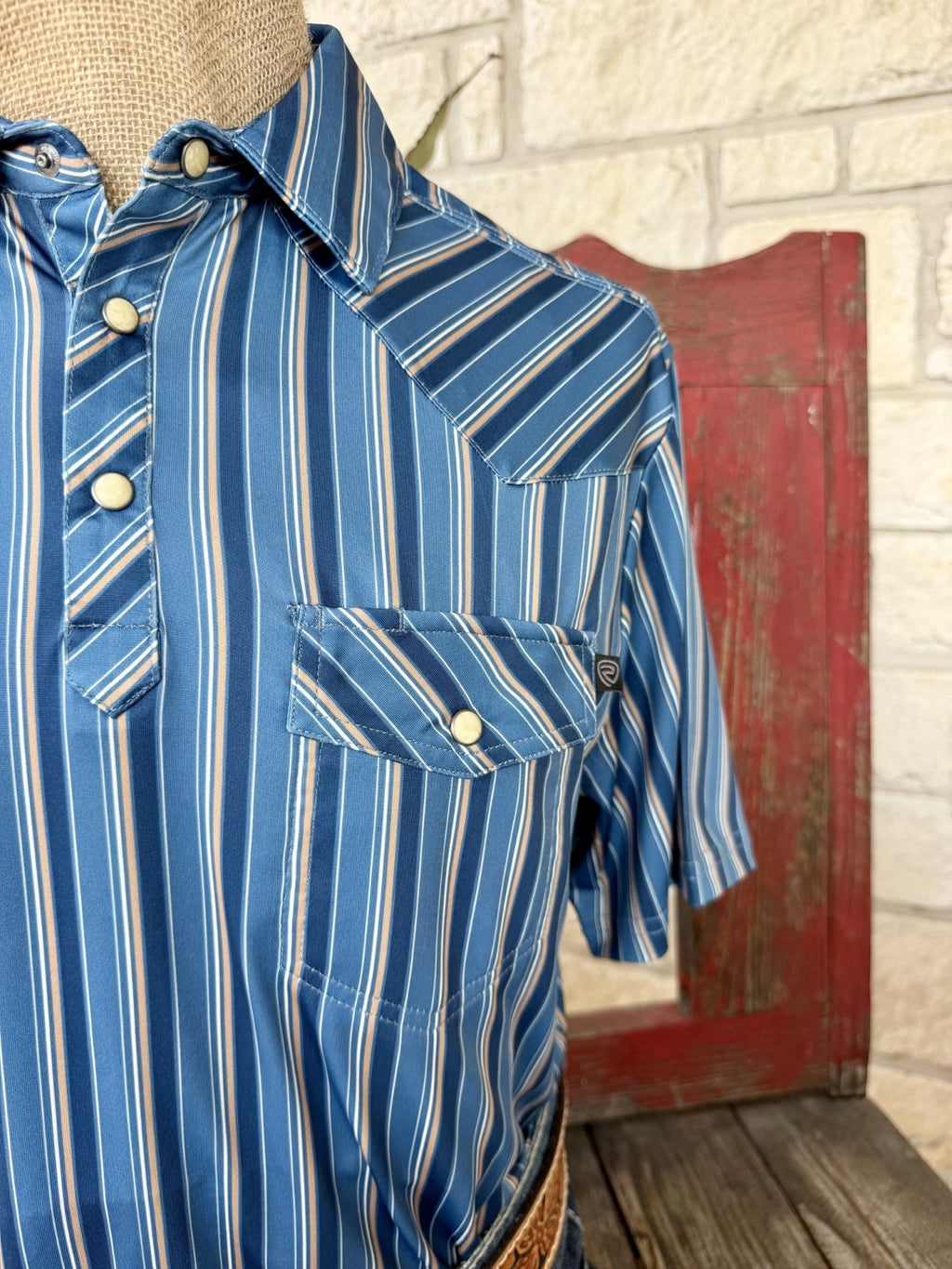 Men's Panhandle Slim Blue and Tan Striped Short Sleeve Pullover Shirt