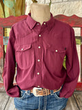 Men's Panhandle Slim long sleeve snap shirt in maroon, featuring durable material with easy snap button closure and dual chest pockets for practical storage - BMN2S02400M. Available at Blair's Western Wear, Marble Falls, TX.