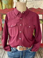 Men's Panhandle Slim long sleeve snap shirt in maroon, featuring durable material with easy snap button closure and dual chest pockets for practical storage - BMN2S02400M. Available at Blair's Western Wear, Marble Falls, TX.