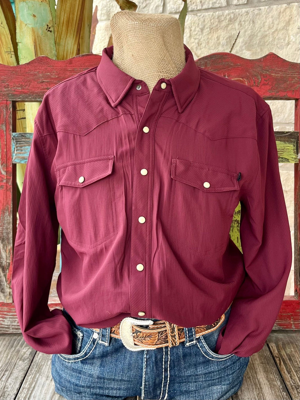 Men's Panhandle Slim long sleeve snap shirt in maroon, featuring durable material with easy snap button closure and dual chest pockets for practical storage - BMN2S02400M. Available at Blair's Western Wear, Marble Falls, TX.
