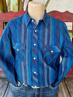 Men’s Panhandle Slim long sleeve Western stripe shirt in navy and blue, built from soft cotton denim for comfort, with pearl snap closures and double chest pockets – BMN2S07153. Available at Blair’s Western Wear, Marble Falls, TX.