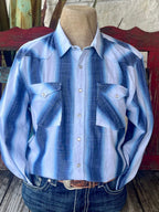 Men's Panhandle Slim Western Shirt in White/Blue Stripe, made with breathable cotton-blend fabric, with pearl snap buttons and double chest pockets - PMN2S05758. Available at Blair's Western Wear, Marble Falls, TX.