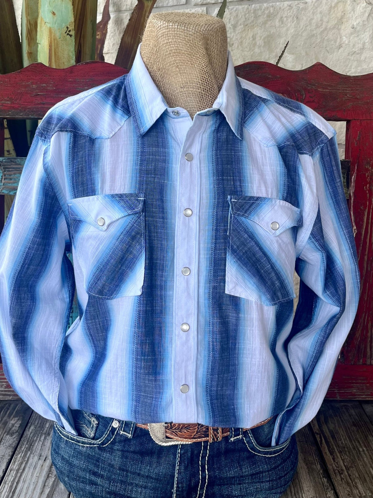 Men's Panhandle Slim Western Shirt in White/Blue Stripe, made with breathable cotton-blend fabric, with pearl snap buttons and double chest pockets - PMN2S05758. Available at Blair's Western Wear, Marble Falls, TX.
