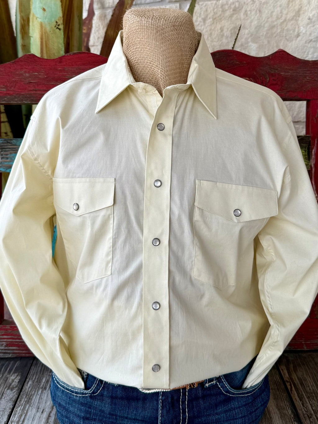 Men’s Panhandle Slim long sleeve solid snap shirt in eggshell, lightweight cotton blend fabric for comfort, with pearl snap closure and two chest pockets - SMN2S06119E. Available at Blair's Western Wear, Marble Falls, TX.