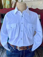 Men's Panhandle Slim Long Sleeve Western Shirt in solid white, featuring pearl snap closure and dual chest pockets with snap flaps - SMN2S06119W. Available at Blair's Western Wear, Marble Falls, TX.